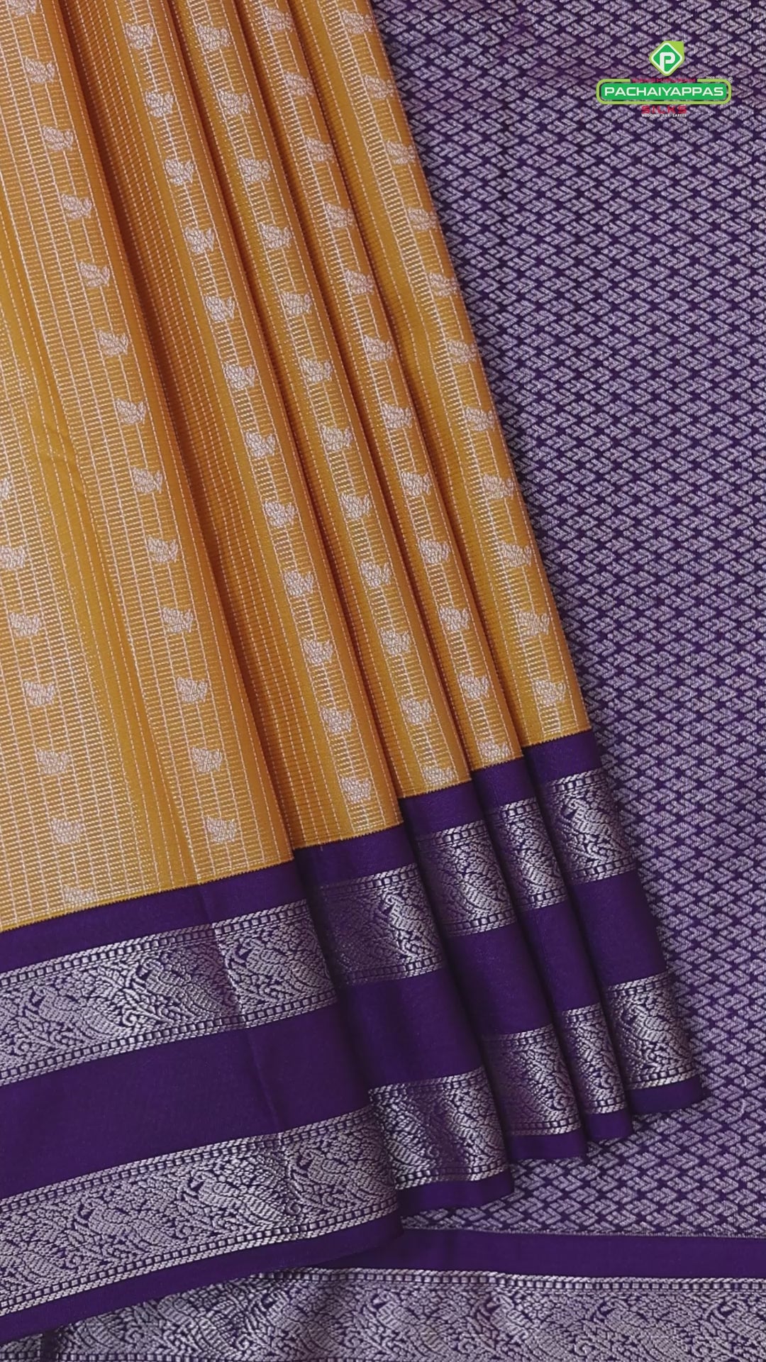 Honey orange silver zari stripes butta design contrast purple rettapet border art silk gift saree