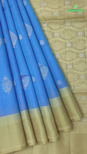 Rama Blue silver gold zari fancy square tree butta design contrast mustard gold zari border soft silk saree