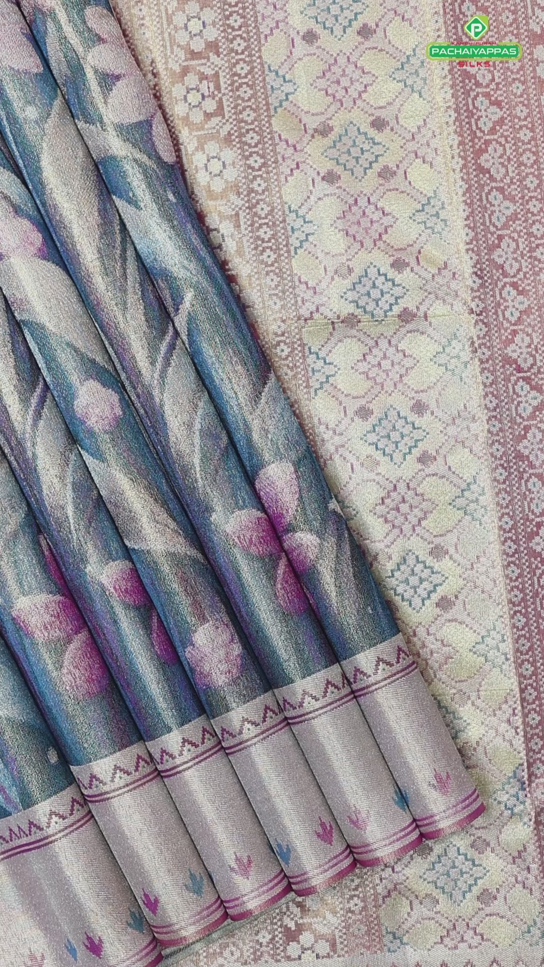 Multi colour silver zari by zari big flowers weaved design peach pink plain border bridal tissue silk saree