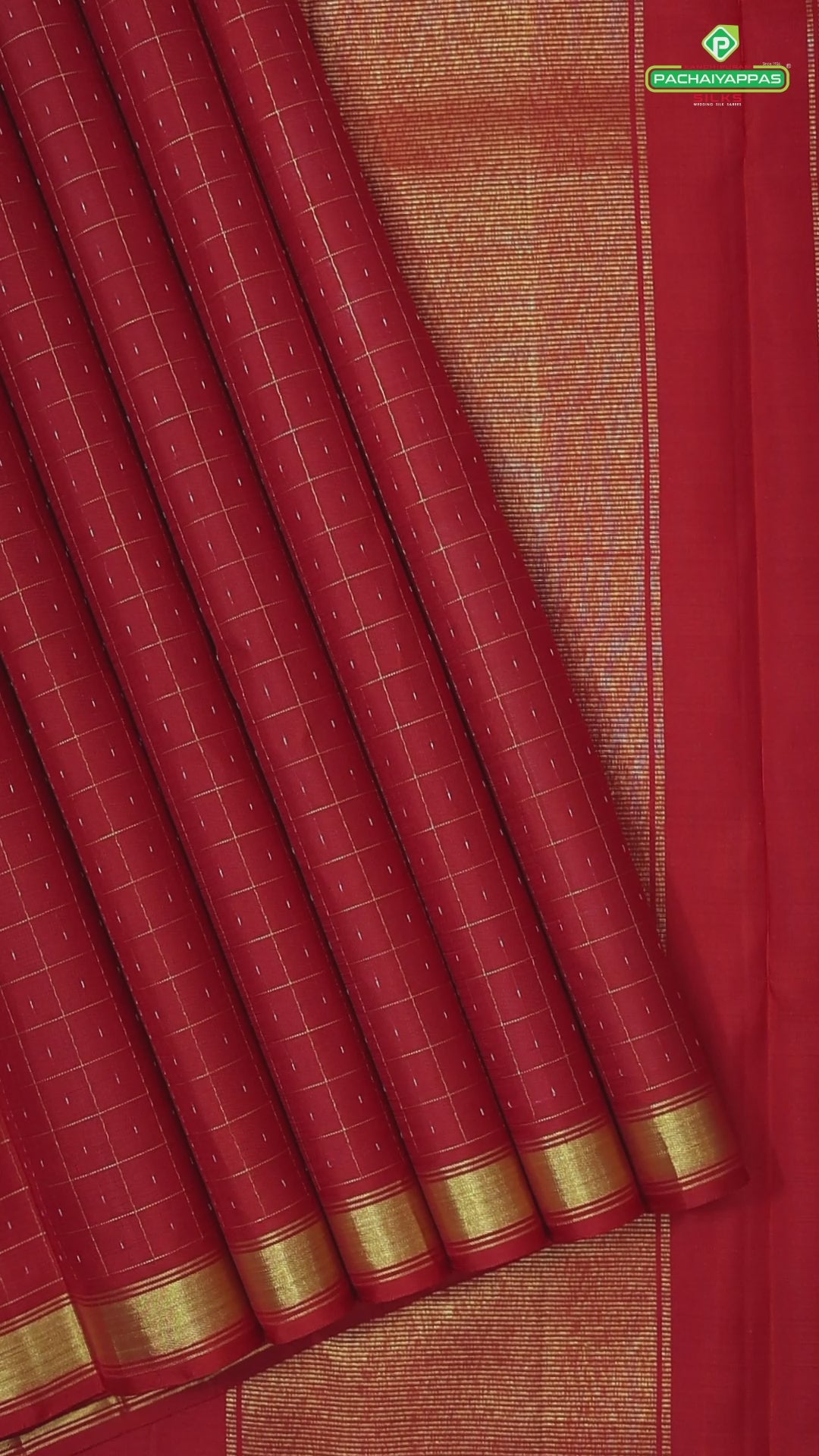 Brick red gold zari mid dotted Checkered design and self gold zari edge border traditional silk saree