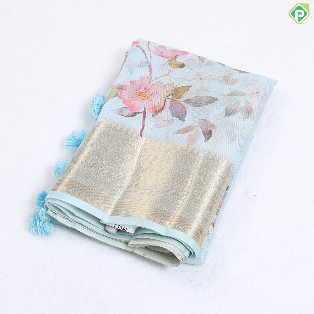 Apple Green With Multi Colour Flower bunch Printed design Fancy cotton saree