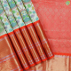 Pista Green With Multi Colour Kalamkari Floral Printed Design And Fanta Orange With Gold Zari With Silver Zari Peacock And Tri Lines Border Kuppadam Silk Saree