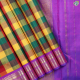 Multi Colour Chess Board Checked Design And Purple Blue With Gold Zari Peacock Line Border 10 Yard Madisar Silk Saree