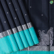 Luxury Black With Silver Zari Small Flower Butta Design And Sea Green With Silk Thread Checked And Silver Zari Floral Creeper Design Border Traditional Silk Saree