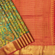 Emerald Green With Mustard Yellow Mango With Grape And Leaves Branch Design Rani Red With Gold Zari Peacock Border Painted Kalamkari Silk Saree