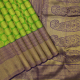 Leaf Green With Gold Zari Peacock Round Butta Motifs Design And Purple Blue With Gold Zari Multi Line Mango Butta Bavanji Border Bridal Silk Saree