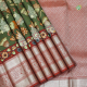 Army Green Colour With Aqua Flourish Contemporary Digital Print And Silver Zari Leaf Butta Motifs And Brick Pink Colour With Silver Zari Peacock And Bavanji Border Pure Digital Print Silk Saree