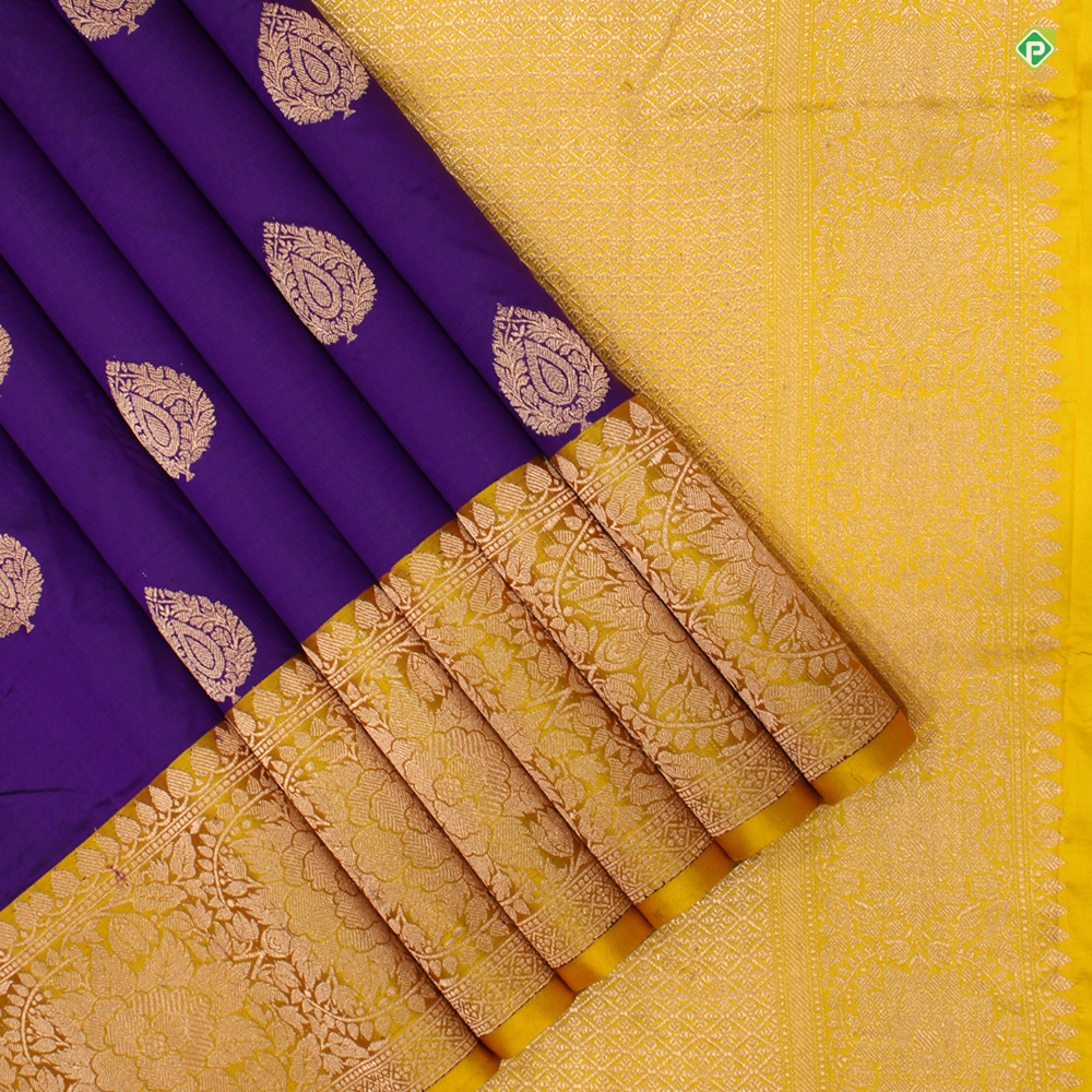 Golden yellow silk saree with Violet kanchi border 🧡💜 Follow  @bride_sarees for latest and unique bridal saree collections Mua… |  Instagram