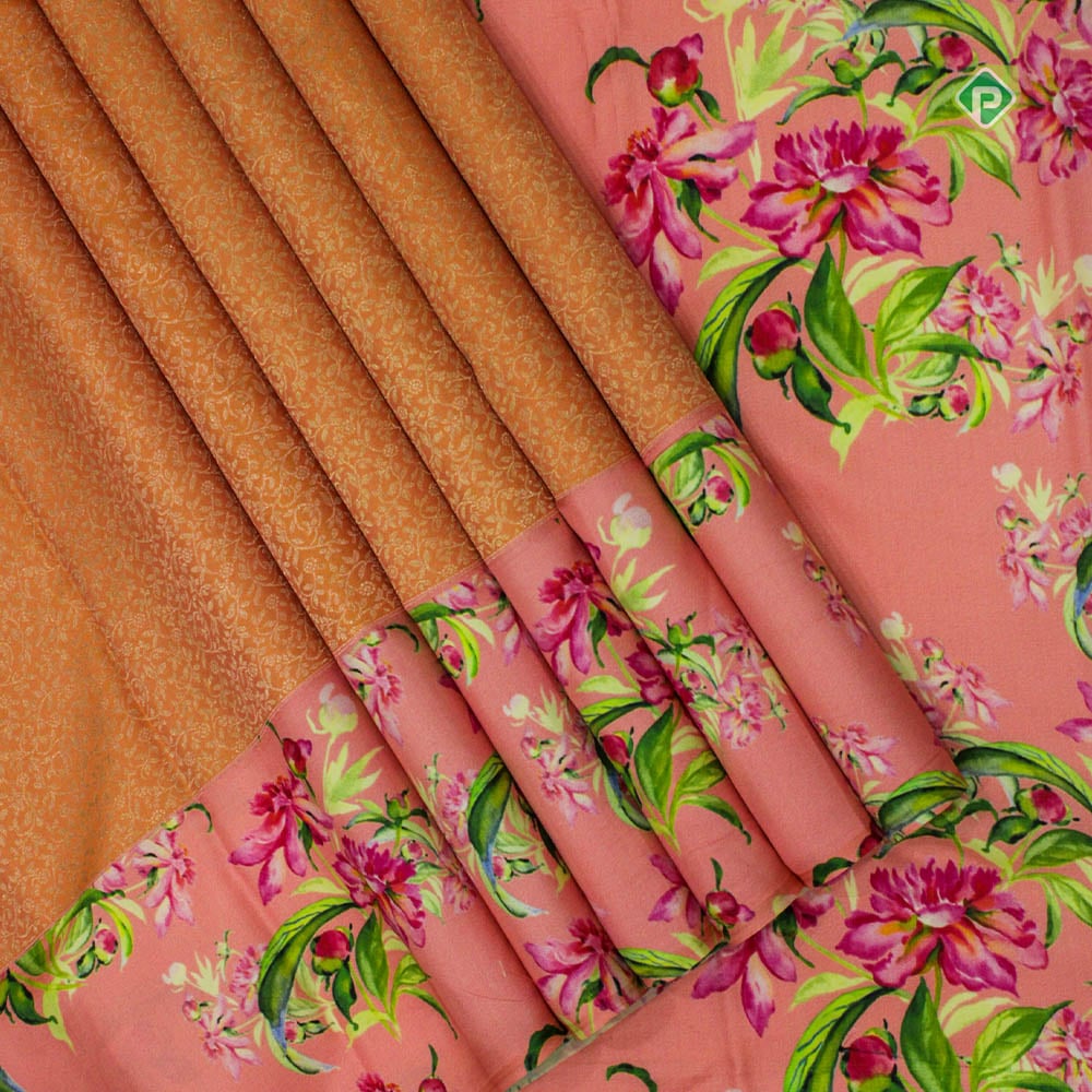 Peach Orange With Gold Zari Small Floral Design And Pink With Multi Colour Floral Digital Printed