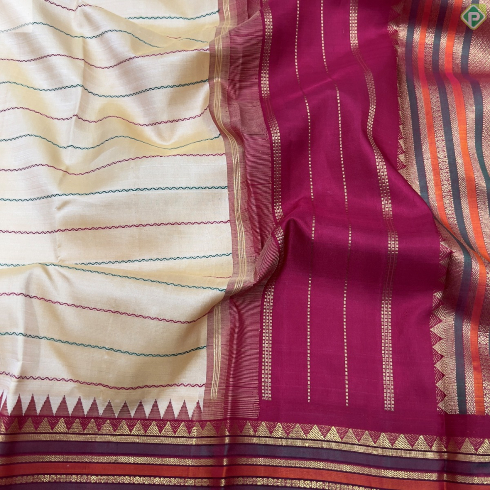 Sandal silk saree with zari buttas, contrast pallu & traditional zari  border featuring paisley & geometrical designs